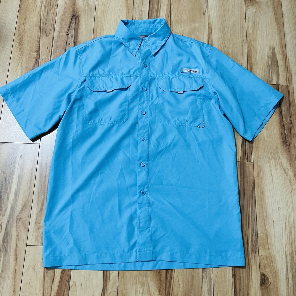 Habit Fishing Shirt Mens M Blue Pockets Caped 40+ Solar-Factor Short Sleeve